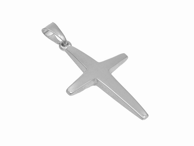 Schlichter Anhänger in Form eines Kreuzes aus poliertem rhodiniertem Sterling Silber, hergestellt von Juwelier Harnisch, zeitloses Design.