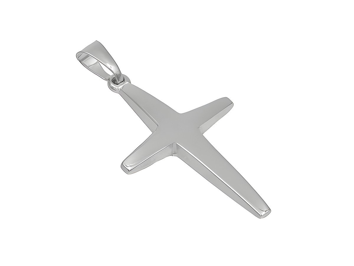 Schlichter Anhänger in Form eines Kreuzes aus poliertem rhodiniertem Sterling Silber, hergestellt von Juwelier Harnisch, zeitloses Design.