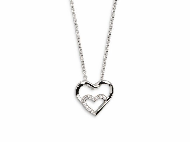 Xenox Sterling Silber Kette XS2794 mit einer Ankerkette von 40-45 cm Länge. Das Herzanhänger-Design zeigt zwei ineinanderliegende Herzen, eines mit funkelnden Strasssteinen.