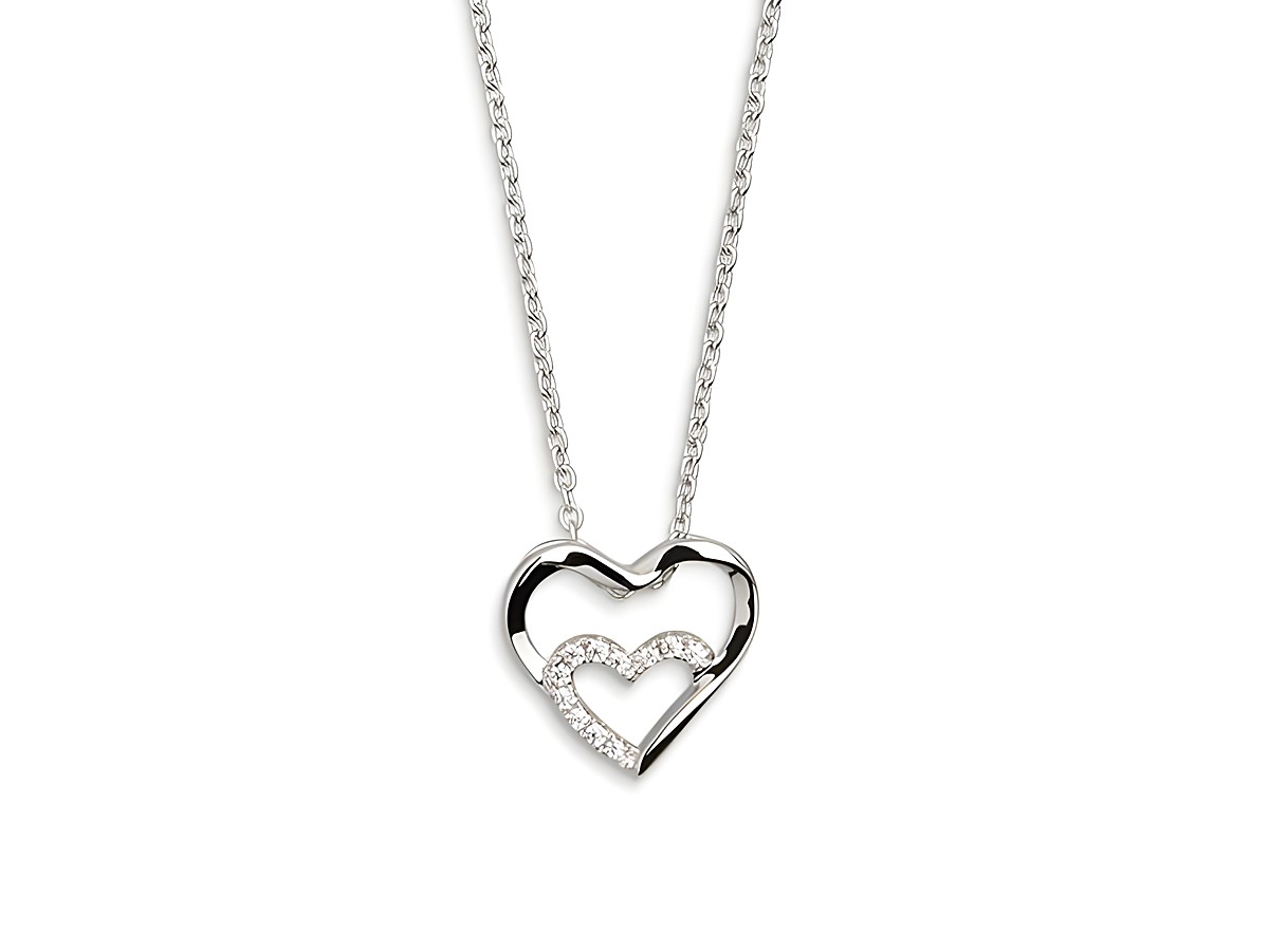 Xenox Sterling Silber Kette XS2794 mit einer Ankerkette von 40-45 cm Länge. Das Herzanhänger-Design zeigt zwei ineinanderliegende Herzen, eines mit funkelnden Strasssteinen.