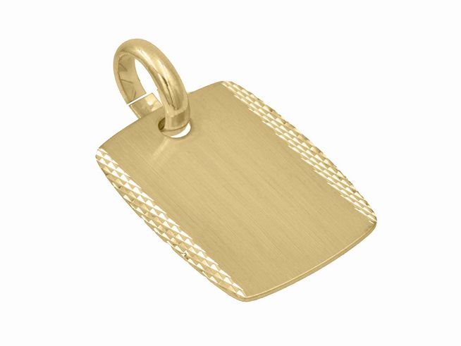 Anhängende Gravurplatte aus Sterling Silber, vergoldet in mattem Gelbgold, Hersteller Juwelier Harnisch, schlichtes und elegantes Design. Ideal für persönliche Gravuren.
