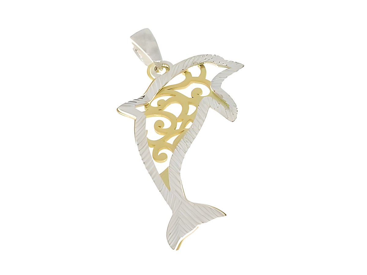 Delfin Anhänger aus Silber und teilvergoldet, filigranes Design mit strahlenden Akzenten, von Juwelier Harnisch, ideal für Tierliebhaber.