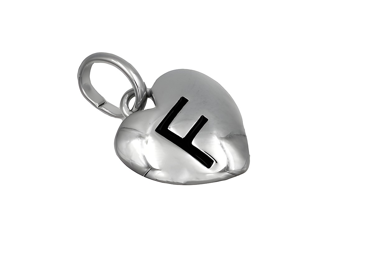 Anhänger in Herzform aus 925 Sterling Silber, poliert und rhodiniert, mit dem Buchstaben F, ideal als Kindergeschenk, hergestellt von Juwelier Harnisch.