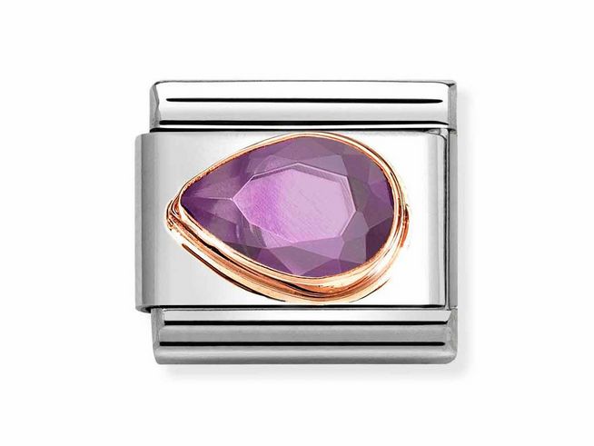 Ein eleganter Charm in Roségold und Edelstahl mit einem großen, facettierten zirkonia Stein in Tropfenform in lila, perfekt für individuelles Schmuckdesign.