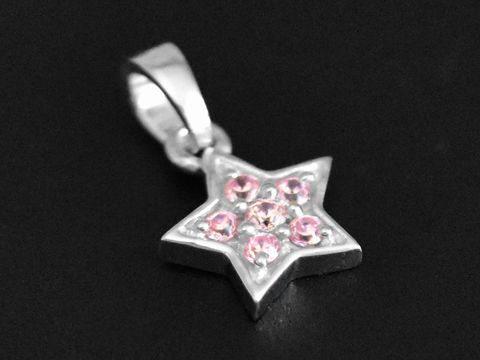 301037-0 Silberner Stern Anhänger mit rhodiniertem Finish und niedlichen Zirkonia-Steinen in rosa, Hersteller Juwelier Harnisch, inspiriert von Sonne, Mond und Sternen.