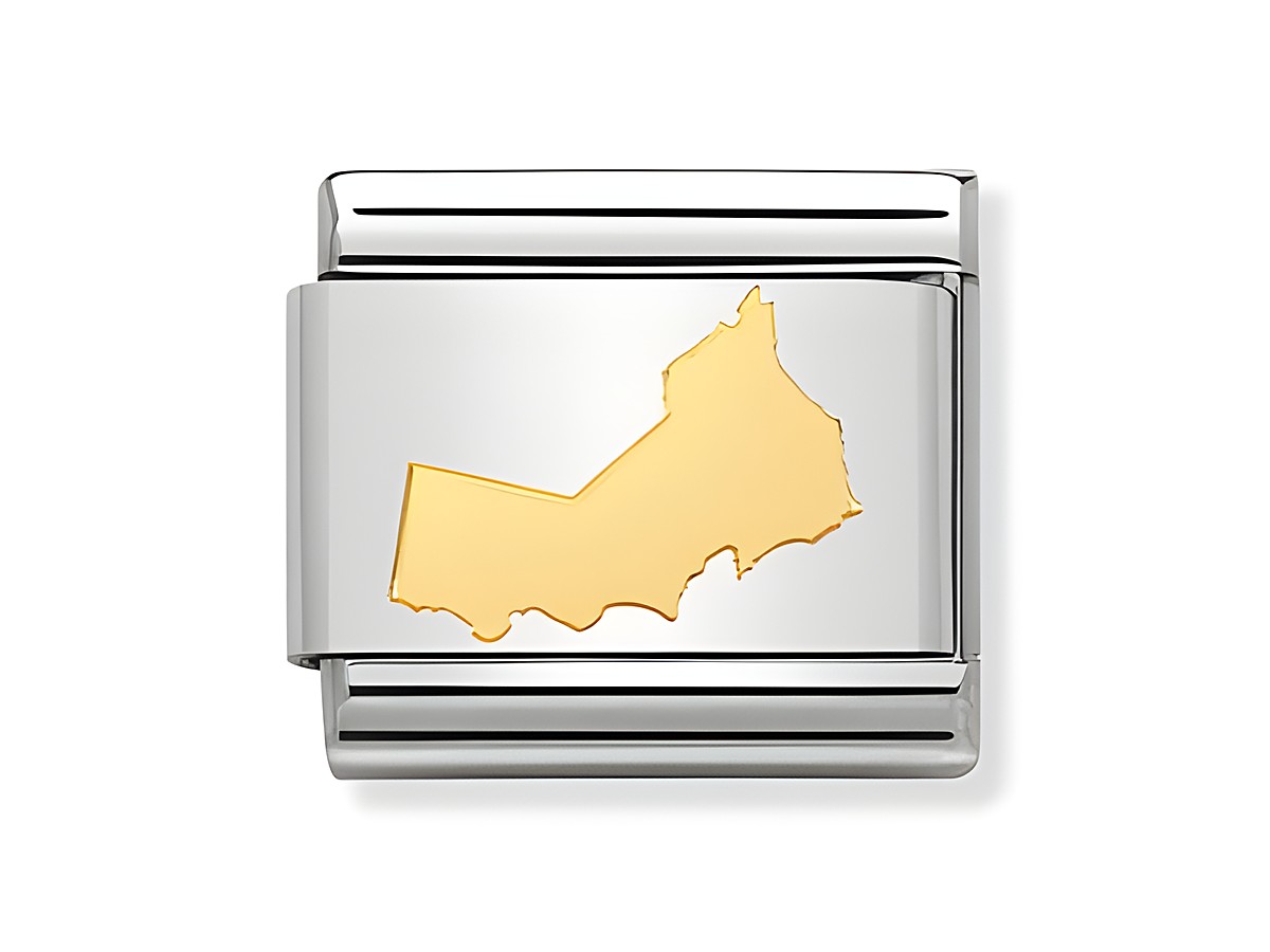 Ein silberner Modul mit einer goldenen Konturkarte von Oman wird dargestellt, ideal für Geografie-Enthusiasten und Sammler von Nomination Schmuckstücken.