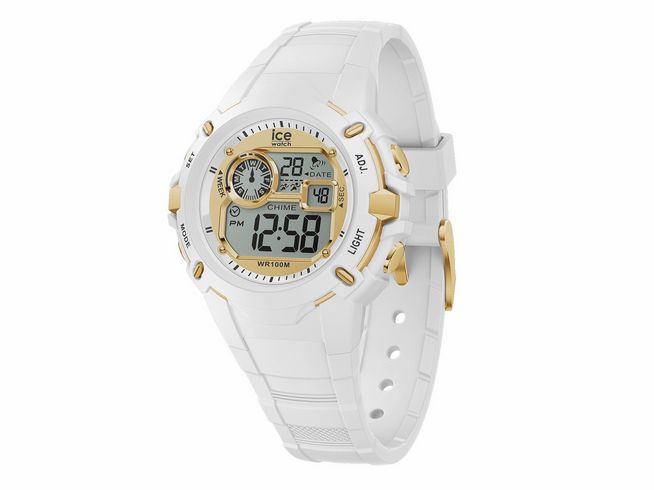 Ice Watch Uhr 023266 ICE digit explorer in Weiß Gold mit digitalem Display, zeigt die Zeit und das Datum an, ausgestattet mit einem IP68-Gehäuse und robustem Silikonarmband.