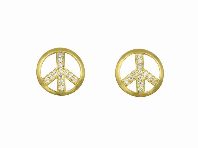 Ohrringe Ohrstecker mit Peace Symbol aus Sterlingsilber, gelbgold vergoldet, verziert mit Zirkonia, hergestellt von Juwelier Harnisch.