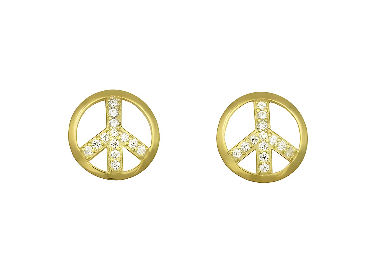 Ohrringe Ohrstecker mit Peace Symbol aus Sterlingsilber, gelbgold vergoldet, verziert mit Zirkonia, hergestellt von Juwelier Harnisch.