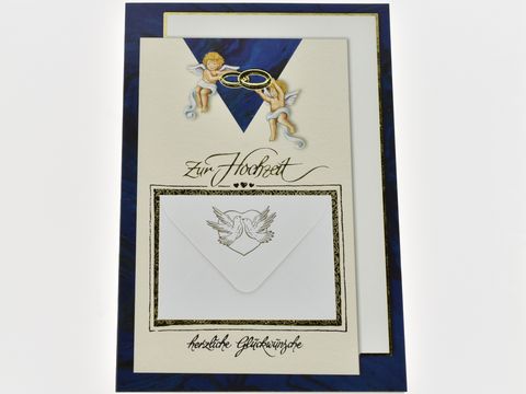 Hochzeitskarte mit Umschlag, zwei Engelchen halten Ringe, verzierte Karte mit der Aufschrift zur Hochzeit und herzlichen Glückwünschen, Hersteller Juwelier Harnisch.