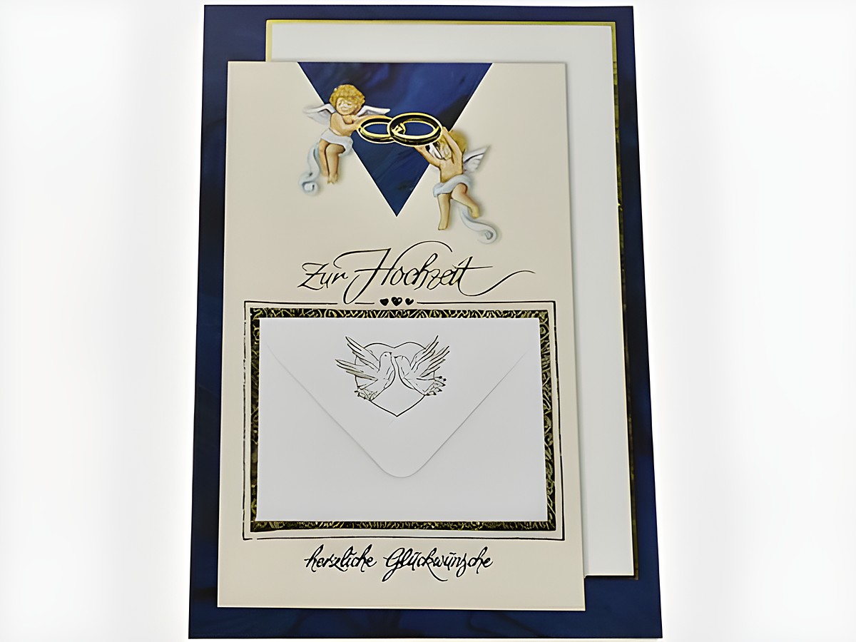 Hochzeitskarte mit Umschlag, zwei Engelchen halten Ringe, verzierte Karte mit der Aufschrift zur Hochzeit und herzlichen Glückwünschen, Hersteller Juwelier Harnisch.