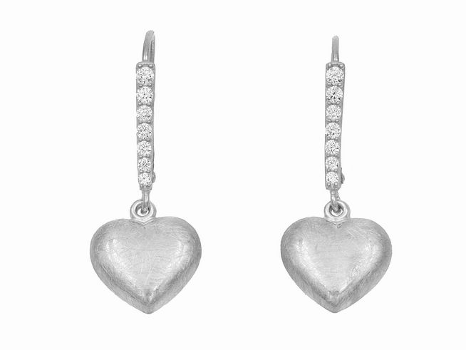 Ohrhänger in Herzform aus Sterling Silber eismattiert rhodiniert mit weißen Zirkonia-Steinen, hergestellt von Juwelier Harnisch, elegant und stilvoll, ideal für besondere Anlässe.