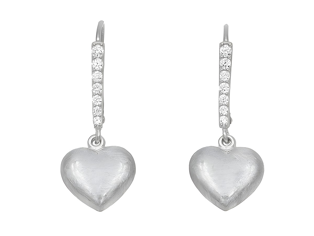 Ohrhänger in Herzform aus Sterling Silber eismattiert rhodiniert mit weißen Zirkonia-Steinen, hergestellt von Juwelier Harnisch, elegant und stilvoll, ideal für besondere Anlässe.