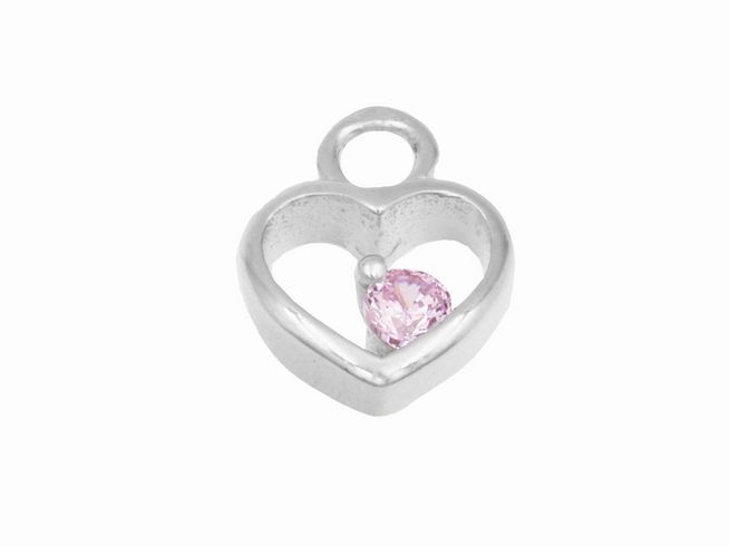 Einhänger für Creolen in Herzform aus rhodiniertem Sterling Silber mit einem pinken, herzförmigen Stein im Inneren, ideal für einen eleganten Akzent.