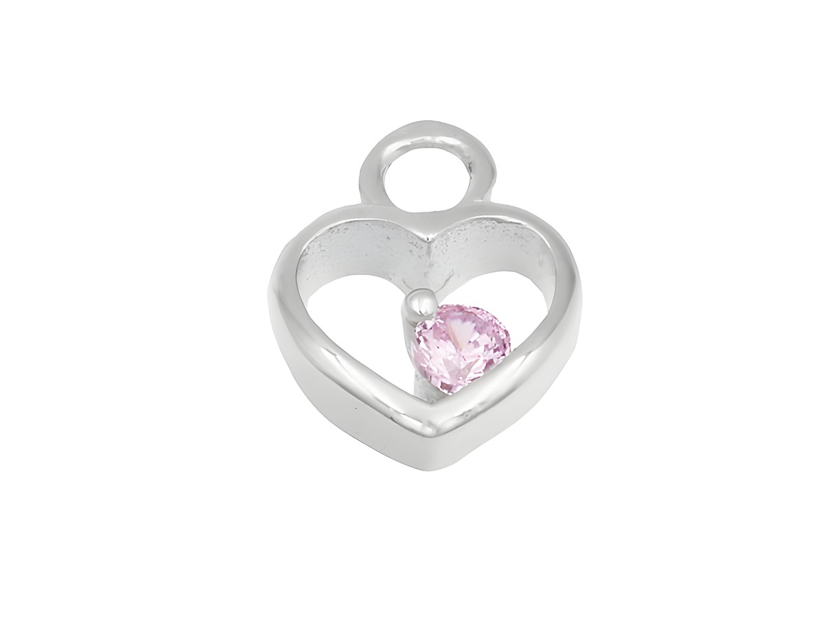 Einhänger für Creolen in Herzform aus rhodiniertem Sterling Silber mit einem pinken, herzförmigen Stein im Inneren, ideal für einen eleganten Akzent.