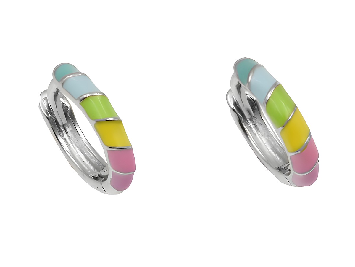 Creolen in Süß mit einem Durchmesser von 1,1 cm aus 925 Sterling Silber, poliert und rhodiniert, bieten ein farbenfrohes Design für Kinder, hergestellt von Juwelier Harnisch.