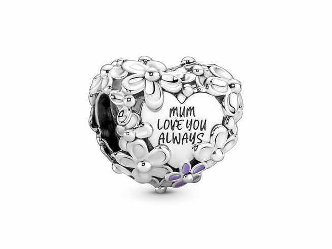Herzförmiger Charm aus Sterling Silber mit Gänseblümchen-Design und pinker Emaille, graviert mit "Mum Love You Always", ideal als Geschenk für Mütter.