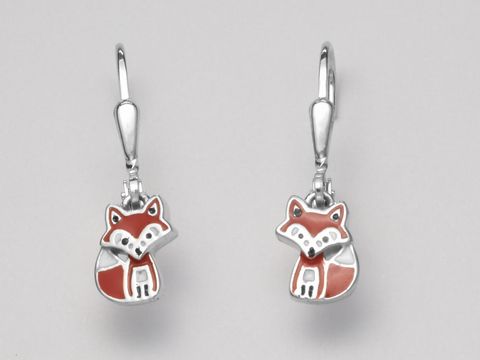 Silber Ohrringe in Form eines niedlichen Fuchses aus Sterling Silber mit rotem Emaile. Hänger ohne Stein vom Hersteller Juwelier Harnisch.
