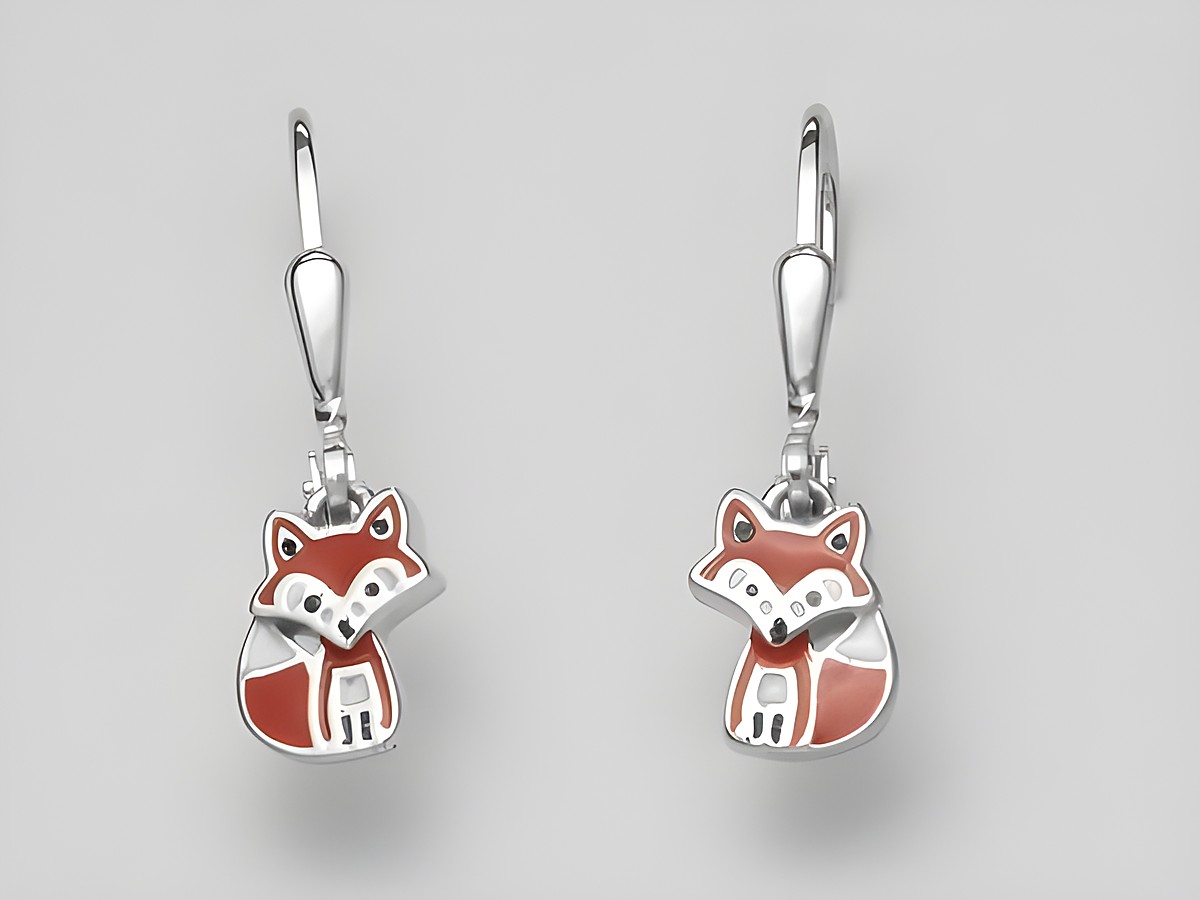 Silber Ohrringe in Form eines niedlichen Fuchses aus Sterling Silber mit rotem Emaile. Hänger ohne Stein vom Hersteller Juwelier Harnisch.