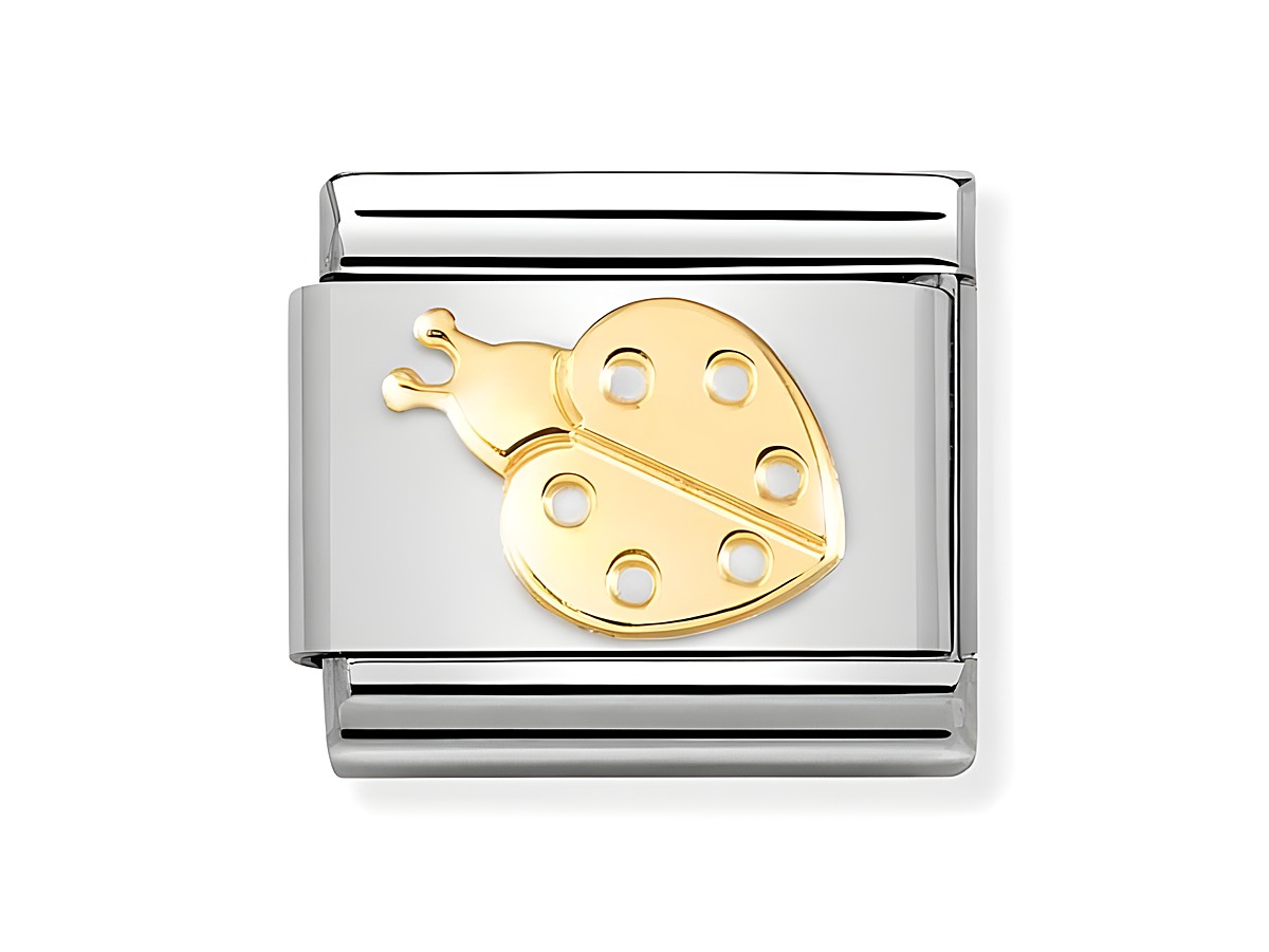 Edelstahlarmband mit Gold 750 Marienkäfer, glänzendes Design, symbolisiert Glück und Freude, geeignet für personalisierte Schmuckstücke, elegantes Accessoire für jeden Anlass.