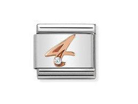 Zahlen Charm von Nomination, besteht aus Edelstahl mit einer roségoldenen Zahl 4 und einem kleinen Zirkonstein, geeignet zur Kombination in einer klassischen Armbanduhr.