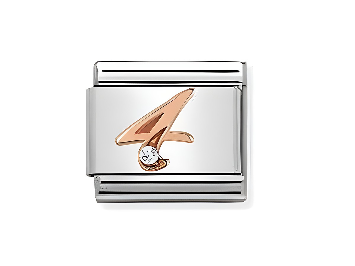 Zahlen Charm von Nomination, besteht aus Edelstahl mit einer roségoldenen Zahl 4 und einem kleinen Zirkonstein, geeignet zur Kombination in einer klassischen Armbanduhr.