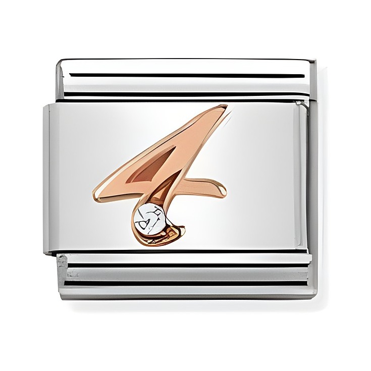 Zahlen Charm von Nomination, besteht aus Edelstahl mit einer roségoldenen Zahl 4 und einem kleinen Zirkonstein, geeignet zur Kombination in einer klassischen Armbanduhr.