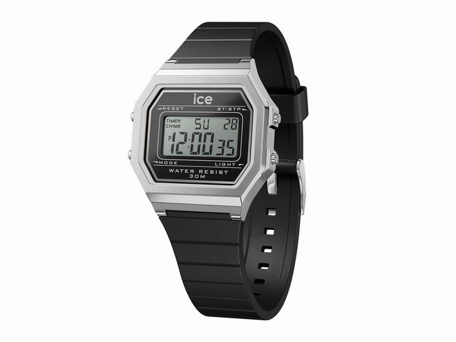 Die Ice Watch Uhr 022063 - ICE digit retro Black Silver - Small ist eine digitale Uhr mit einem schwarz-silbernen Gehäuse und einem bequemen Gummiarmband, wasserdicht bis 30 Meter.