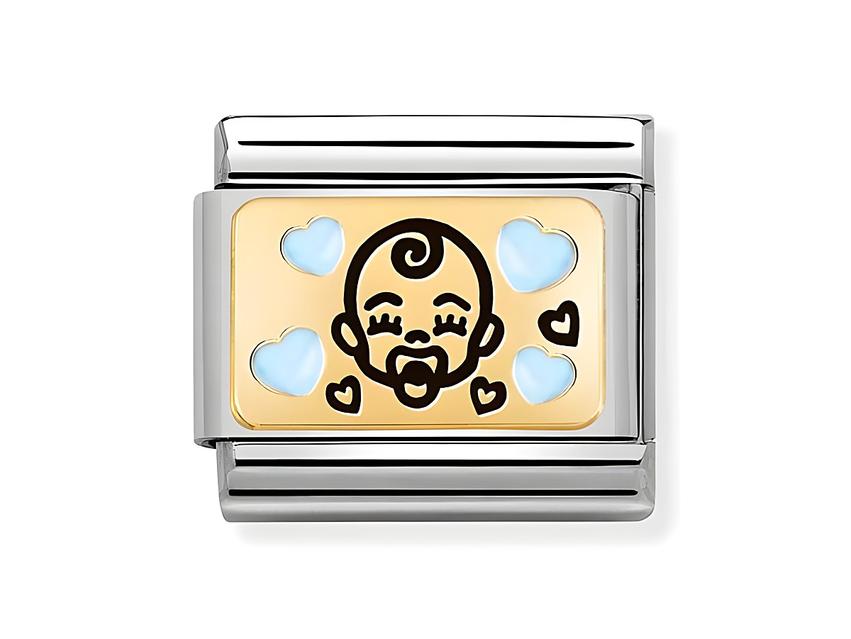 Nomination 030289 02 Classic Baby in Hellblau aus Edelstahl und Gold 750 zeigt ein emailliertes Design mit einem lächelnden Babygesicht und Herzen auf goldener Fläche.