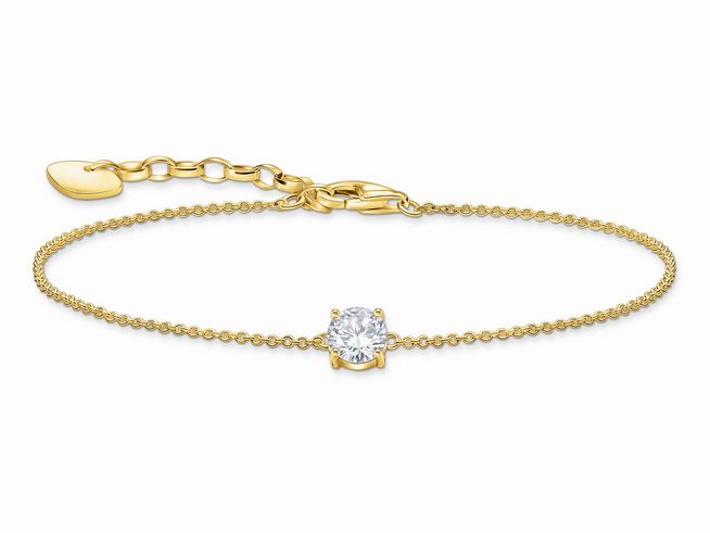 Silber und gelbgold vergoldetes Armband von Thomas Sabo mit einem großen, weißen Zirkonia, geeignet für Handgelenke von 16 bis 19 cm, feine Kettenstruktur und eleganter Verschluss.
