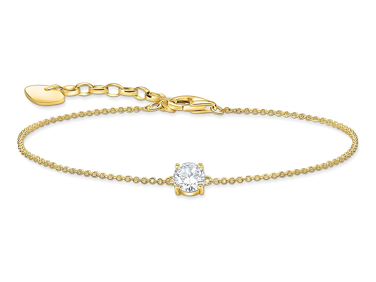 Silber und gelbgold vergoldetes Armband von Thomas Sabo mit einem großen, weißen Zirkonia, geeignet für Handgelenke von 16 bis 19 cm, feine Kettenstruktur und eleganter Verschluss.