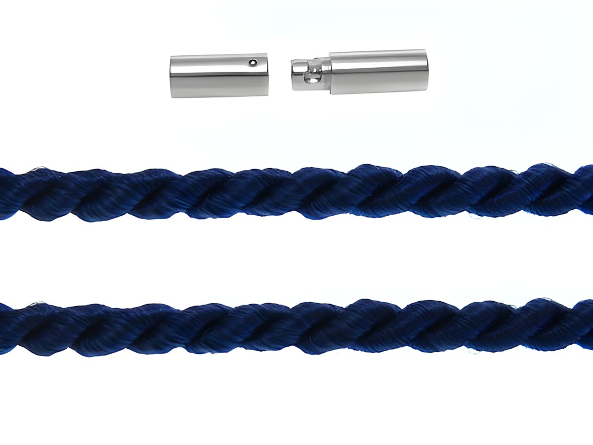 Kordel gedreht 15 cm in Blau mit 3 mm Durchmesser und Silber Bajonett, Hersteller Juwelier Harnisch, geeignet für stilvolle Schmuckkreationen.