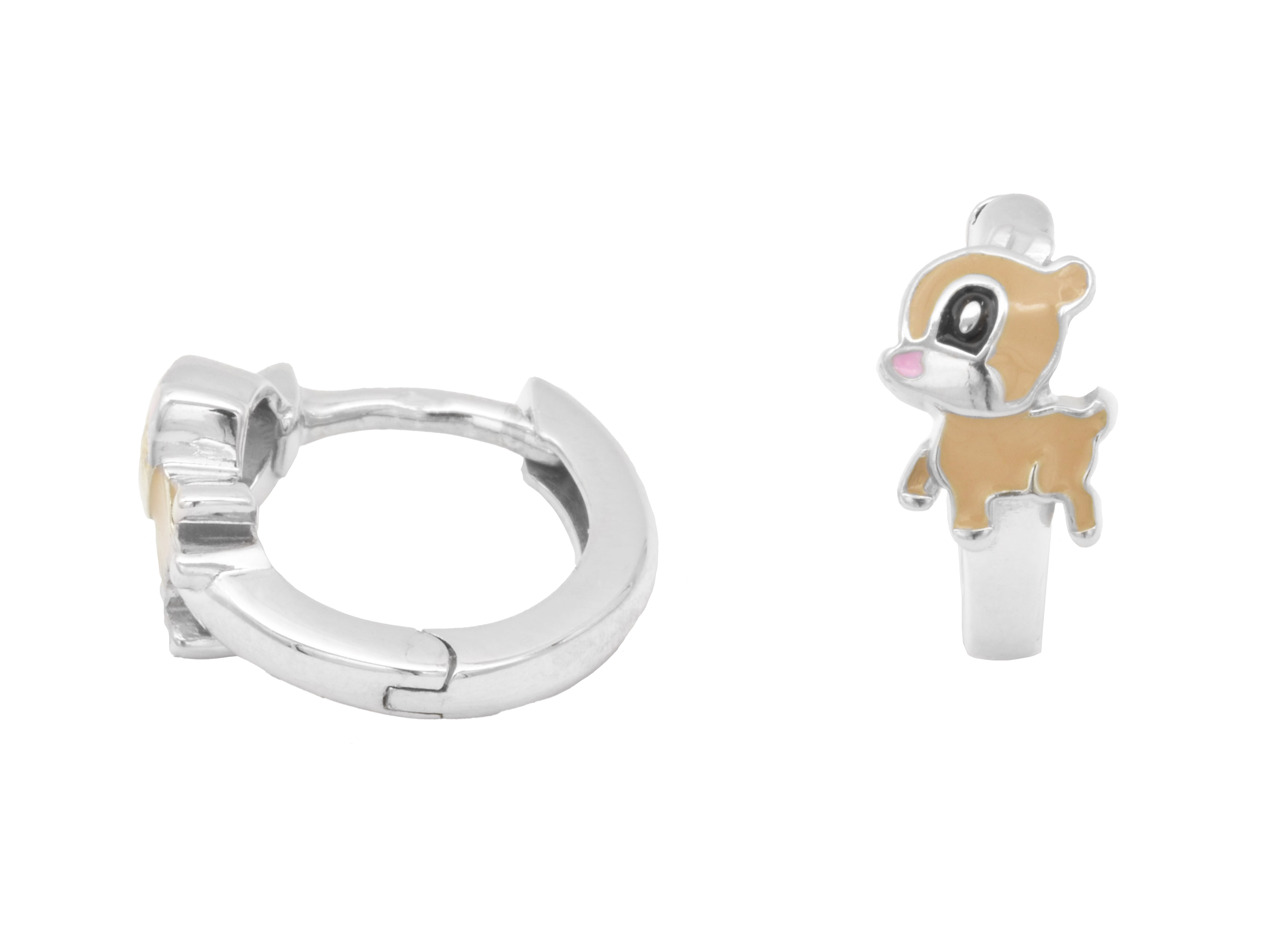 Creolen Ohrringe in Sterling Silber rhodiniert mit einem niedlichen Reh Kitz in Braun-Lack. Ideal für Kinder, Hersteller ist Juwelier Harnisch, Durchmesser 1,2 cm.