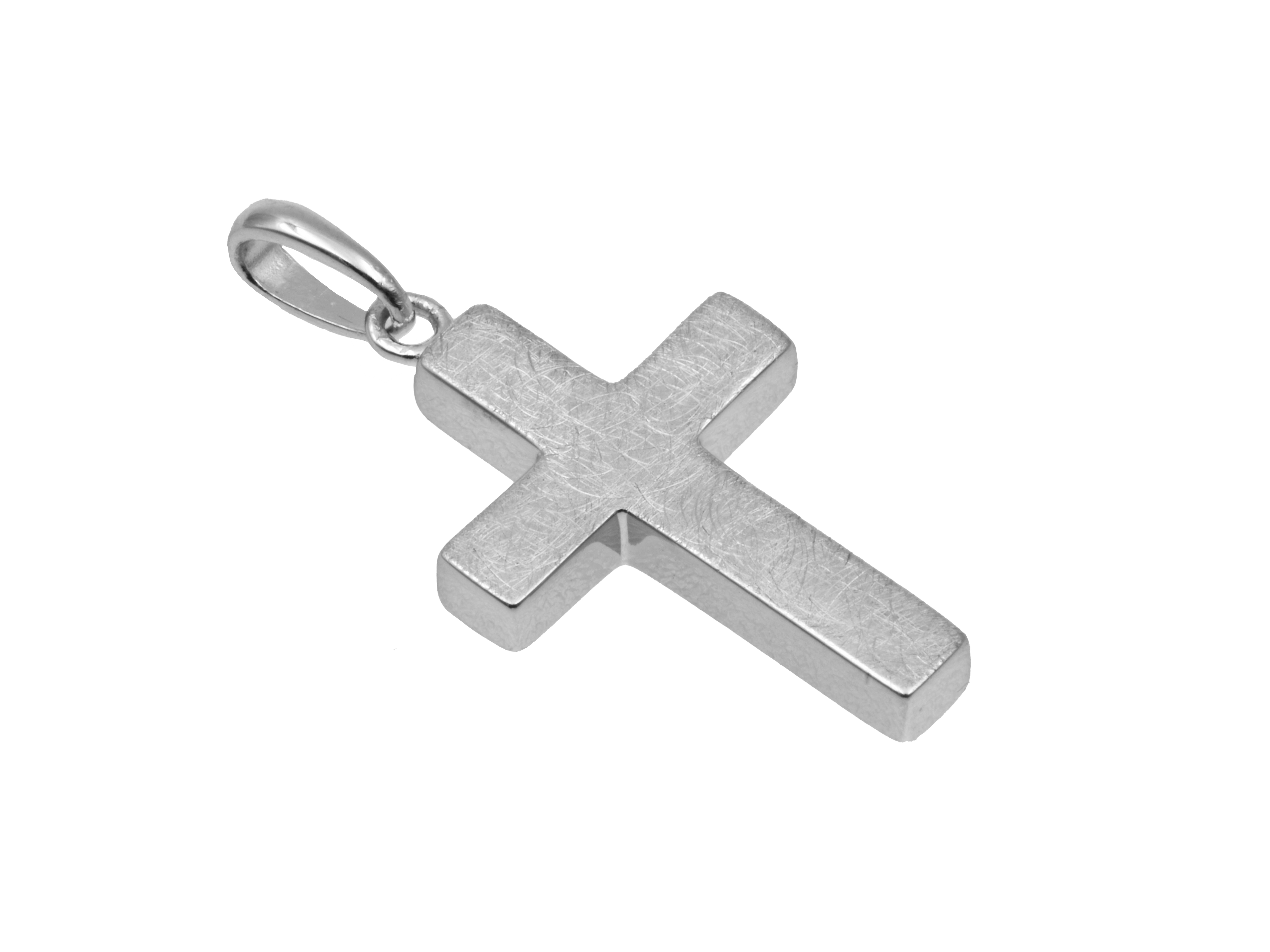 Massiver Kreuzanhänger aus rhodiniertem Sterling Silber mit eismattierter Oberfläche, gestaltet vom Juwelier Harnisch, ideal für Neuheiten im Silberbereich.