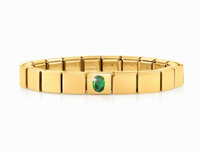 Edelstahl Armband von Nomination in Gelbgold mit einem grünen Zirkonia, ein elegantes und modernes Schmuckstück für jeden Anlass.