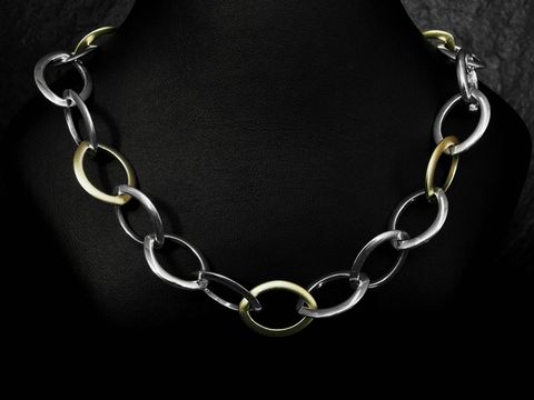 Silber Kette Weitanker mit vergoldeten matten Elementen, 45 cm, Hersteller Juwelier Harnisch, in ansprechendem Design. Weitere Kettenmuster verfügbar.