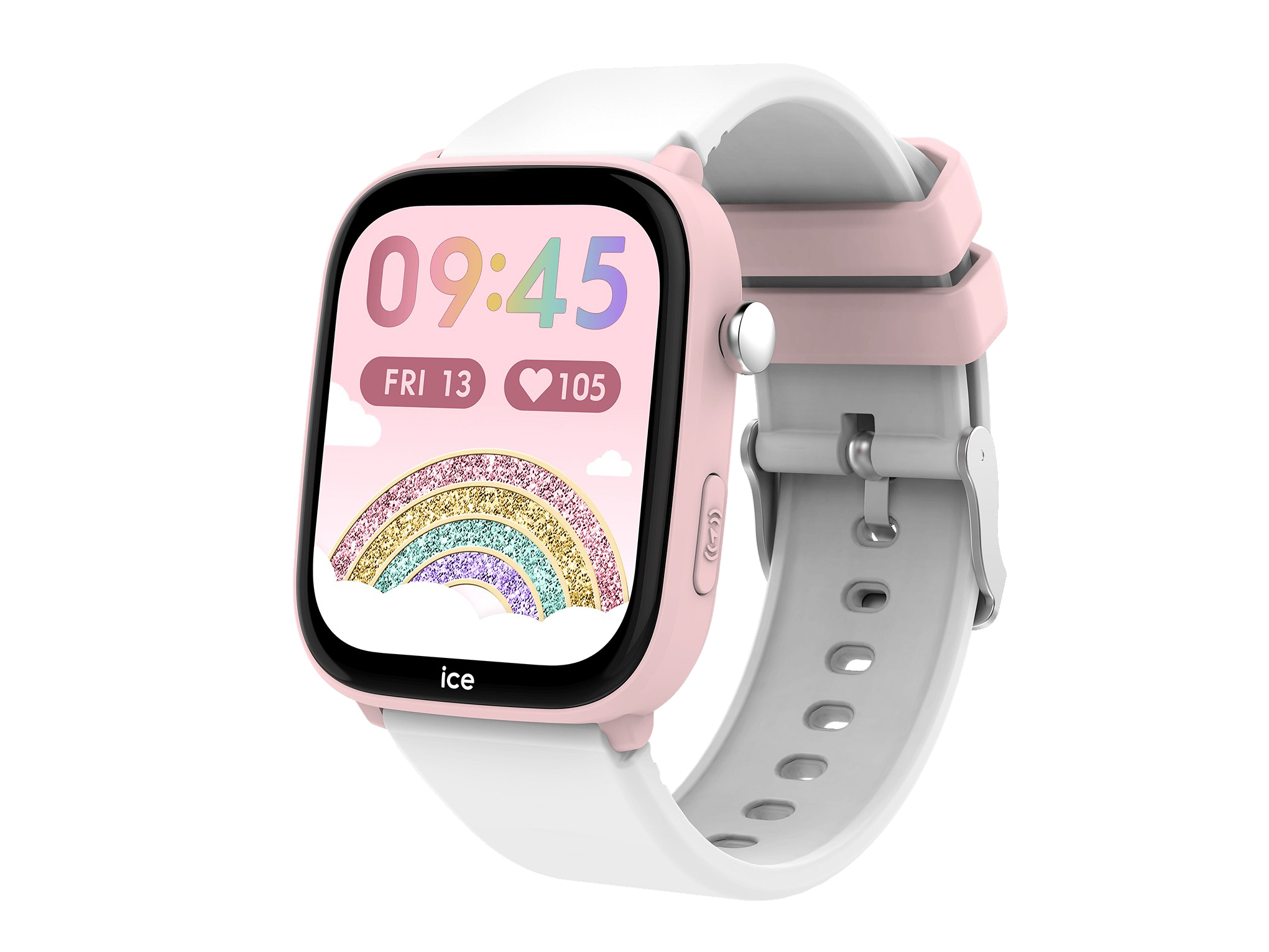 Ice Watch 024549 ICE Smart Junior 3.0 in Rosa und Weiß mit einem 1.75 Zoll Display, zeigt ein buntes Regenbogen-Design und die Uhrzeit sowie andere Informationen an.