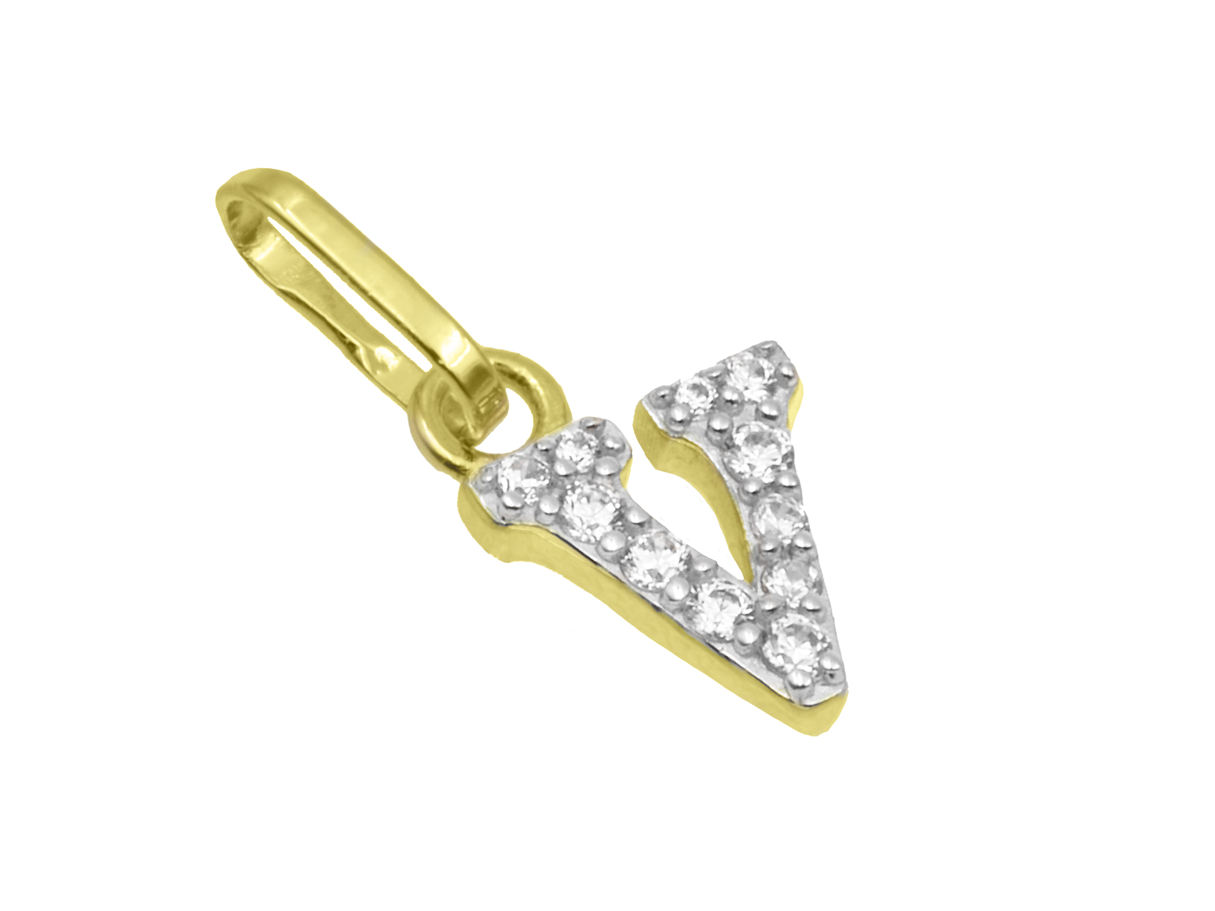 Buchstaben Anhänger - Buchstabe V - Sterling Silber Gelbgold Vergoldung - Zirkonia Buchstaben Anhänger V aus Sterling Silber mit Gelbgold Vergoldung und Zirkonia von Juwelier Harnisch. Der Anhänger hat eine elegante Form und funkelnde Details.