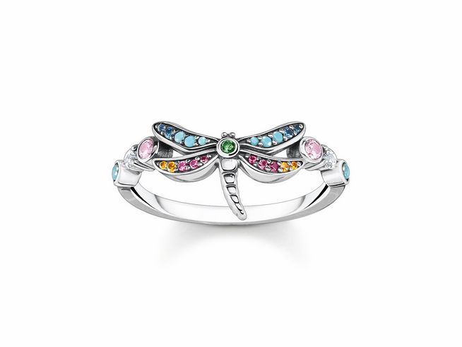 Der Ring zeigt eine filigrane Libelle aus Sterling Silber, verziert mit bunten Glas-Keramik Steinen und Emaille in verschiedenen Farben, Größe 56.