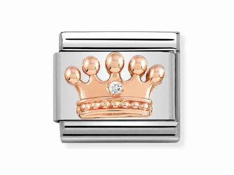Krone aus Edelstahl in Roségold mit Zirkonia-Steinen, ein elegantes Composable Classic Symbol von Nomination, ideal für individuelle Schmuckstücke.