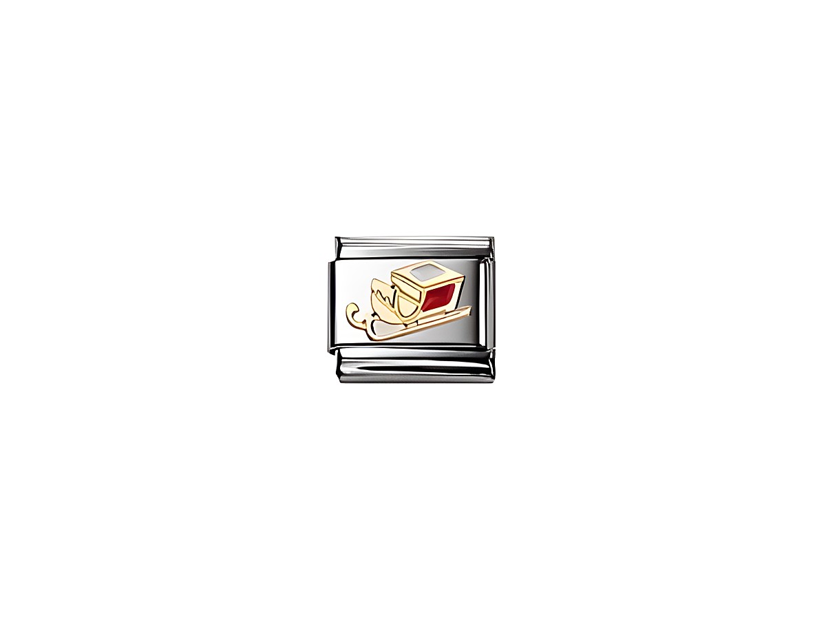 Eine festliche Charm mit einem Schlitten in Gold und Rot auf einem silbernen Hintergrund, ideal für Weihnachten, hergestellt von Nomination, Classic xmas emaill.