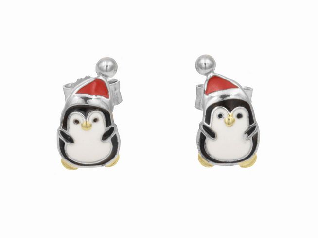 Ohrstecker in Form von bunten Pinguinen aus rhodiniertem Sterling Silber, ideal für Kinder, von Juwelier Harnisch, verspieltes Design mit Weihnachtsmütze.