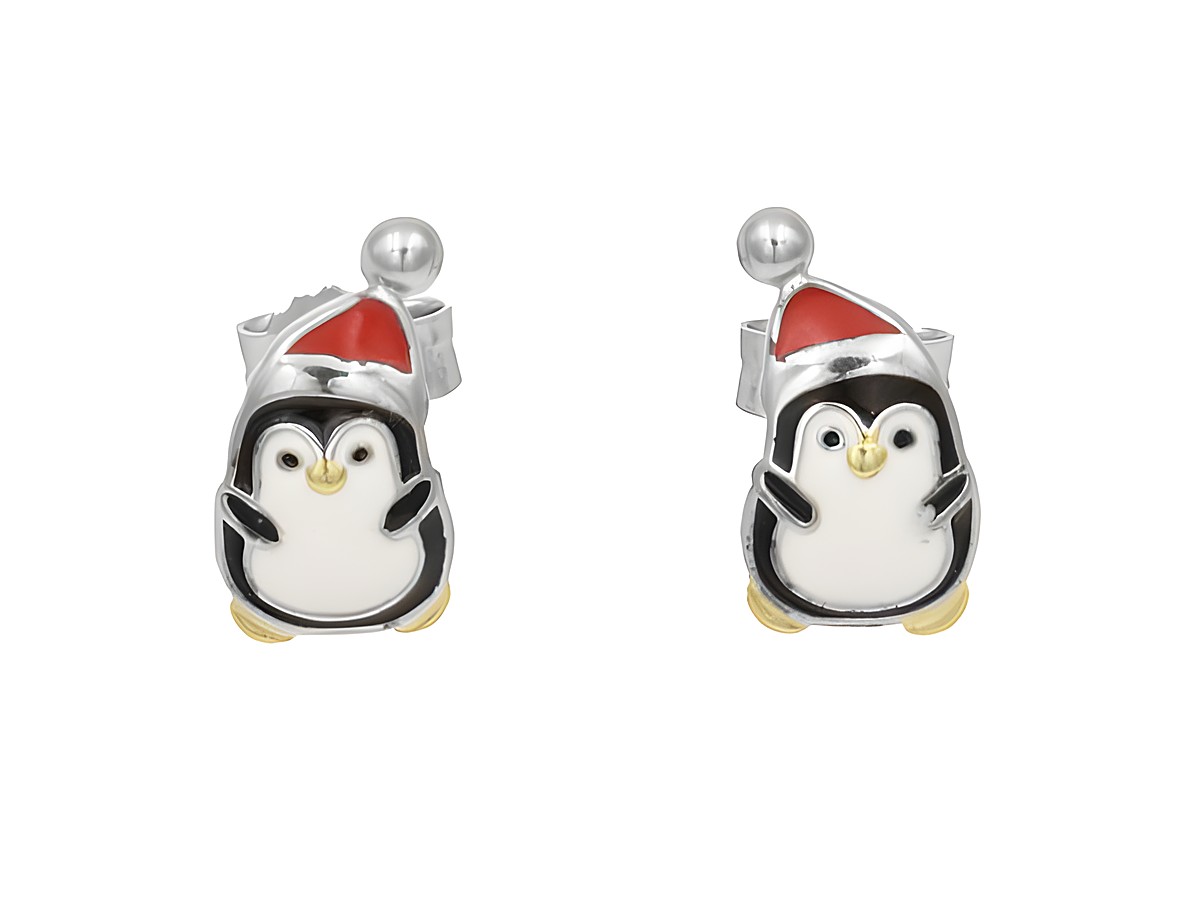 Ohrstecker in Form von bunten Pinguinen aus rhodiniertem Sterling Silber, ideal für Kinder, von Juwelier Harnisch, verspieltes Design mit Weihnachtsmütze.
