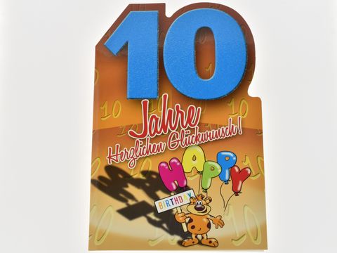 Geburtstagskarte mit einem kleinen Bärchen, das Ballons hält, und der Zahl zehn in blauen Zahlen. Hersteller Juwelier Harnisch, ideal für einen zehnten Geburtstag.