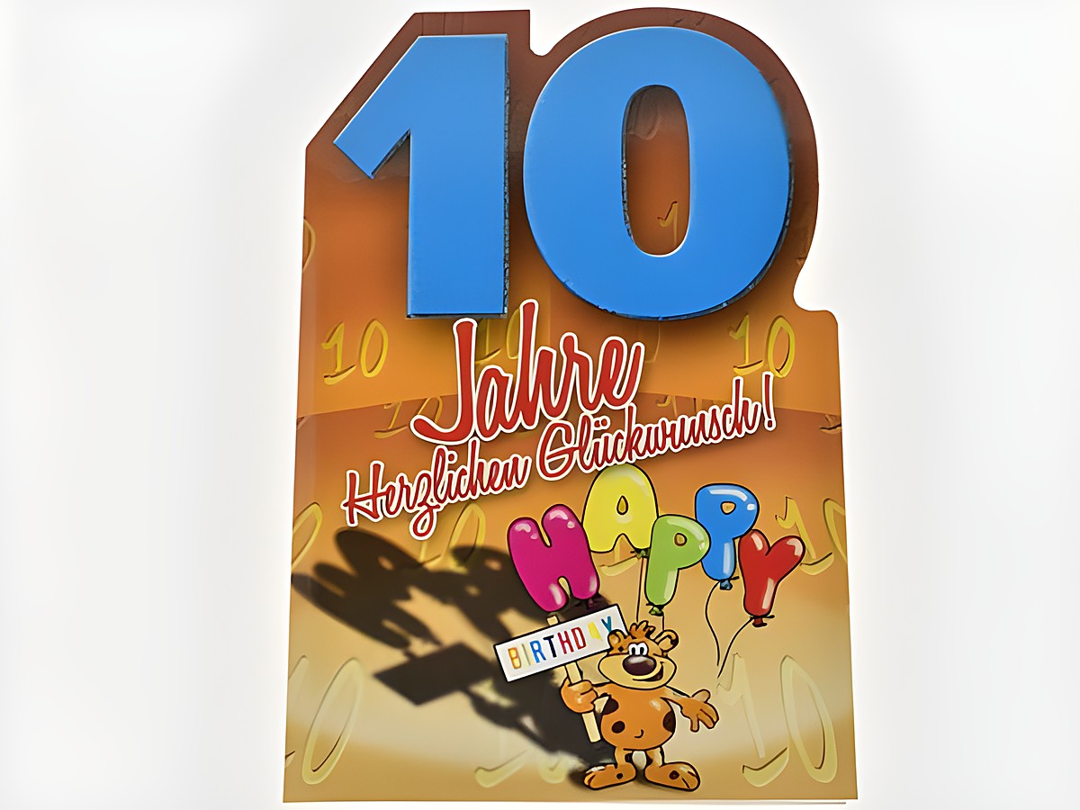 Geburtstagskarte mit einem kleinen Bärchen, das Ballons hält, und der Zahl zehn in blauen Zahlen. Hersteller Juwelier Harnisch, ideal für einen zehnten Geburtstag.