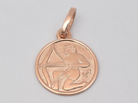 Schütze Sternzeichen Anhänger aus rosé vergoldetem poliertem Sterling Silber mit einer Darstellung einer schießenden Figur, Durchmesser 14 mm, Hersteller Juwelier Harnisch.
