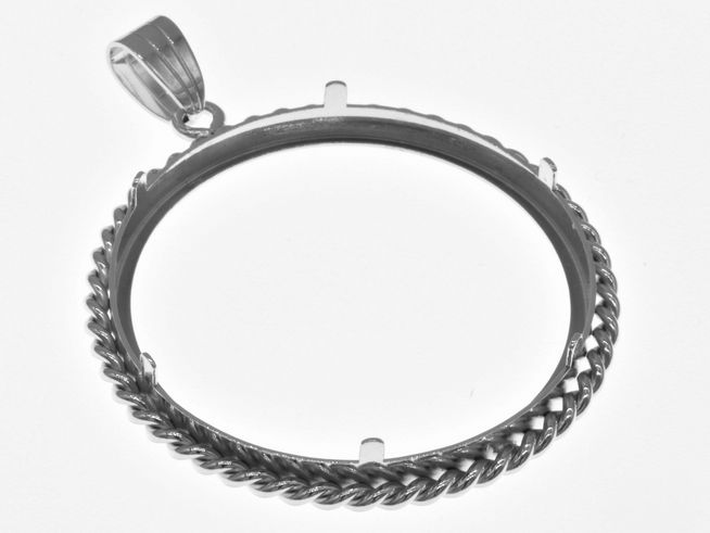 Münzfassung Anhänger aus 925 Sterling Silber, rhodiniert, mit Kordel-Dekor, passend für Münzen bis 4,0 cm Durchmesser, hergestellt von Juwelier Harnisch.