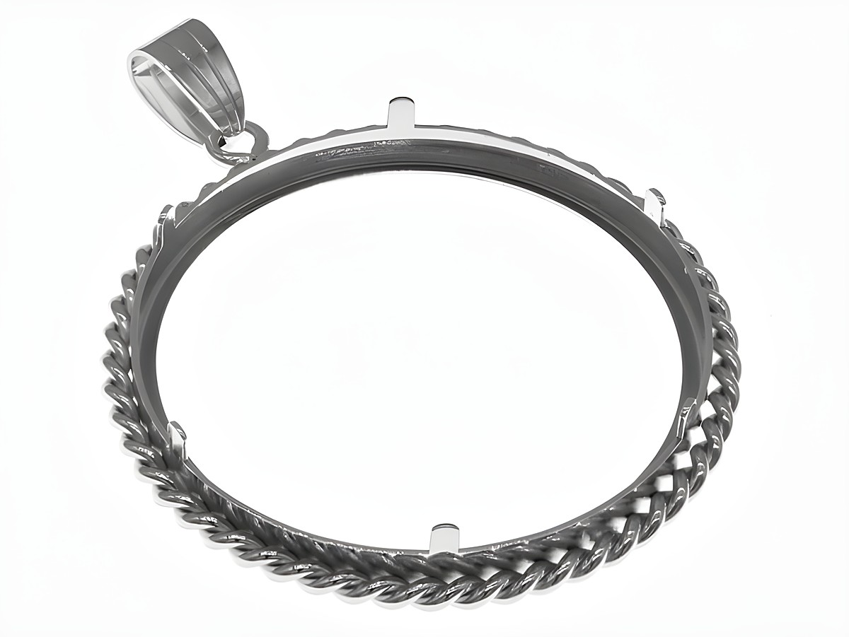 Münzfassung Anhänger aus 925 Sterling Silber, rhodiniert, mit Kordel-Dekor, passend für Münzen bis 4,0 cm Durchmesser, hergestellt von Juwelier Harnisch. – Ansicht 2