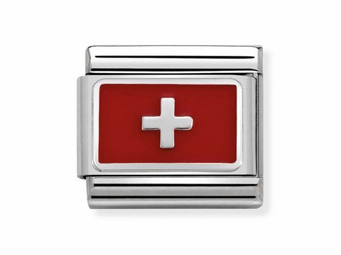 Die Bild zeigt ein Composable Classic Element von Nomination mit der Flagge der Schweiz. Das Design umfasst einen roten Hintergrund mit einem weißen Kreuz in der Mitte.
