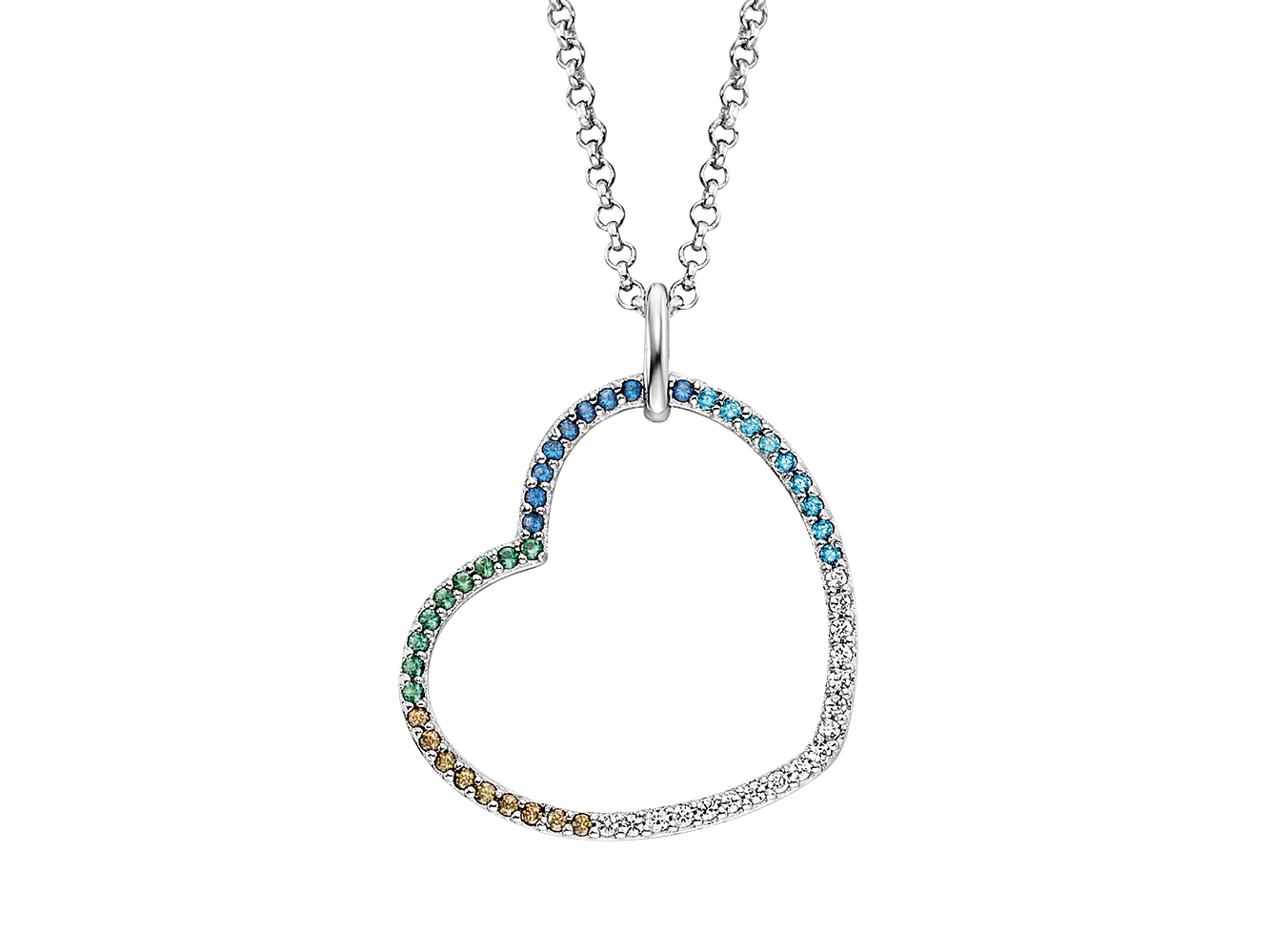 Silberne Halskette mit einem Anhänger in Herzform, verziert mit bunten Zirkonia-Steinen in Regenbogenfarben, rhodiniert, Länge 42 cm, elegantes und farbenfrohes Schmuckstück.